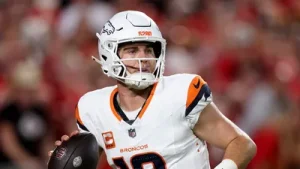 Broncos quarterback Bo Nix, who is recovering from two surgeries to mend a broken ankle, showed