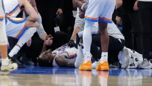 Oklahoma City Thunder standout Jalen Williams was removed from the game following a lower leg